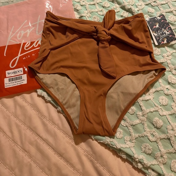 KORTNI JEAN Tie-Front Ribbed “Cashew Brown” Swim Bottoms - Sz S - NWT - Picture 1 of 9